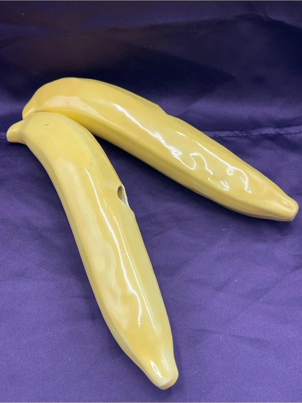 Mid Century Modern Murano Style Handblown Art Glass: 2 Faux Fruit Yellow Bananas